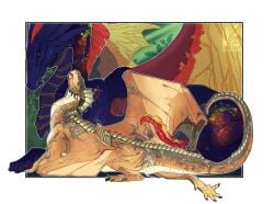 bronze dragon feral male male/male mythological_creature mythological_scalie mythology opal scalie size_difference substance_intoxication under_the_influence