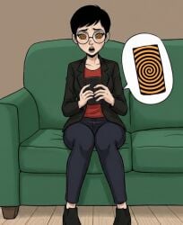 1girls ai_generated black_hair brainwashing carmen_sandiego_(2019) carmen_sandiego_(franchise) couch female female_focus female_only femsub glasses holding_phone hypnosis hypnotic_accessory hypnotic_phone hypnotic_screen hypnotized_female indoors julia_argent julia_argent_(carmen_sandiego) looking_at_phone mind_control open_mouth phone short_hair sitting sitting_on_couch solo solo_female solo_focus spiral spiral_eyes spirals spiralwash_eyes symbol_in_eyes zupern0va_(manipper)