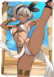 bea_(pokemon) egyptian_clothing female female_only grey_eyes grey_hair leg_lift pokemon redjet short_hair solo spread_legs
