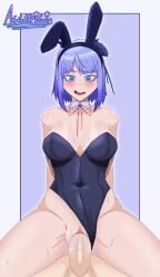 1boy 1boy1girl assarigi big_breasts blue_eyes bunny_costume bunny_ears bunnysuit cowgirl_position dagashi_kashi female female_focus female_human female_on_top female_penetrated flower human large_breasts purple_hair shidare_hotaru shikada_kokonotsu signature signature_artist_name