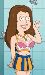 ai_generated american_dad ass bigmic145 bra bra_visible_through_clothes breasts brown_hair cheerleader crop_top female lisa_silver long_hair navel see-through see-through_clothes see-through_clothing skirt solo solo_female tease teasing wet wet_body wet_clothes wet_clothing wet_skin