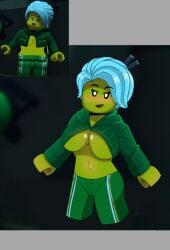 alexx101 artist_name big_breasts black_eyes blonde_hair blurry_background blush breasts edited female female_only green_jacket harumi_(ninjago) huge_breasts jacket jeans lego mostly_clothed ninjago red_lips sons_of_garmadon_(ninjago) underboob yellow_skin