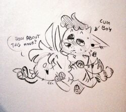 2023 :3 anthro bodily_fluids canid canine carmel_(carmellemonnsfw) doggy_style duo eyebrows from_behind_position gab_(hornigabl) gesture hand_gesture hornigabl hybrid lagomorph leporid male male/male mammal narrowed_eyes pointing rabbit raised_eyebrows sex sweat traditional_media_(artwork) watching_movie