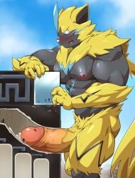 absurd_res anthro balls big_penis blue_eyes bodily_fluids body_worship erection facility felid fur generation_7_pokemon genital_fluids genitals glans hi_res huge_cock humanoid_genitalia humanoid_penis hyper hyper_genitalia hyper_penis internal legendary_pokemon machine macro maldu male male_only mammal milking_machine muscular muscular_anthro muscular_male nintendo nipples pecs penetrable_sex_toy penetration penile penis penis_milking pokemon pokemon_(species) precum sex_toy solo thick_penis yellow_body yellow_fur zeraora