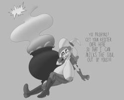 big_breasts breasts cartoon_network cauldron clothing dialog dialogue dirty_talk expansion female gardenminttea huge_breasts magic magic_user magical_girl mighty_magiswords monochrome no_color phone phone_call tagme witch witch_hat witchy_simone