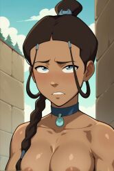 ai_generated avatar_the_last_airbender blue_eyes blush braid breasts brown_hair choker dark_skin female hair_ornament hairclip katara long_hair medium_breasts nipples solo