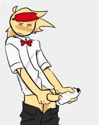 1boy black_pants bottle bowtie clothing cock collared_shirt cum dick elliot_(forsaken) food_fetish forsaken_(roblox) holding_object holding_penis looking_down masturbation milk milk_bottle milkman_elliot pants_pulled_down partially_clothed penis ponytail roblox roblox_game robloxian self_upload semen solo solo_male sperm standing tagme_(artist) twink visor_cap white_shirt yellow_hair yellow_skin