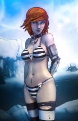 1girls 2025 3d 3d_(artwork) accurate_art_style arms_behind_back bikini blender borderlands borderlands_2 female gaige_(borderlands) gearbox_software green_eyes high_resolution highres orange_hair outdoors photoshop portrait prosthetic rekkakun short_hair solo solo_female stockings striped_bikini stylized swimwear