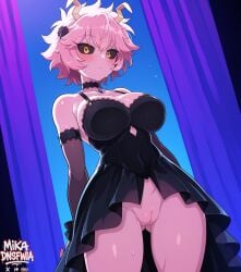 1girls ai_generated ashido_mina ass_visible_through_thighs black_dress black_sclera boku_no_hero_academia breasts closed_mouth cowboy_shot detached_sleeves dress female female_only full_body hair_ornament large_breasts looking_at_viewer mina_ashido my_hero_academia pink_hair short_hair solo standing yellow_eyes