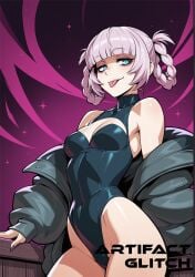 ai_generated artifactglitch blue_eyes call_of_the_night leotard nanakusa_nazuna purple_hair tongue_out