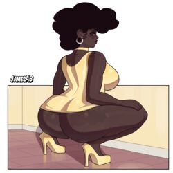 2019 afro artist_name ass banjee big_ass big_breasts blush bottomless choker curvy dark-skinned_female dark_skin earrings heels high_heels jamesab looking_at_viewer no_panties revealing_clothes squat squatting thick thick_thighs tight_clothing yellow_clothing yellow_dress