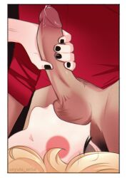 alastor_(hazbin_hotel) anyuta_artist artist_name balls big_penis bottomless_male charlie_morningstar_(hazbin_hotel) closed_eyes erection fellatio fit_male handjob_while_sucking hazbin_hotel jerkingoff_another leaking_precum oral pleasure_face precum precum_drip stroking_penis sucking_balls upside-down