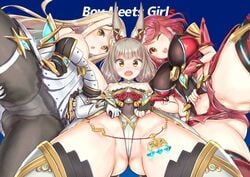 3girls blonde_hair breasts cat_ears gray_hair leotard_tug looking_down multiple_girls mythra nia nia_(blade) nia_(xenoblade) panties pantyhose pira pyra red_eyes red_hair thighhighs upskirt xenoblade_(series) xenoblade_chronicles_2 yellow_eyes