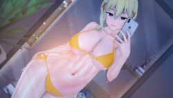1girls 3d arm_behind_back big_breasts bikini blonde_hair blue_eyes breasts busty child_bearing_hips cleavage curvy darkness_(konosuba) female female_only half-closed_eyes hi_res kono_subarashii_sekai_ni_shukufuku_wo! large_breasts long_hair looking_at_viewer mirror navel ponytail pose posing reflection seductive seductive_look seductive_smile selfie sensual sexy sexy_pose side-tie_bikini smartphone smile solo thong_bikini toned tongue tongue_out yellow_bikini