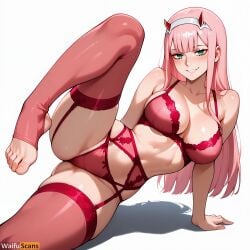 ai_generated arm_support bangs bare_shoulders blush bra breasts cleavage collarbone darling_in_the_franxx eyeshadow feet female garter_belt green_eyes grin hairband high_resolution highres horns large_breasts lingerie long_hair looking_at_viewer makeup navel panties pink_hair pink_panties pink_thighhighs red_bra red_panties shiny shiny_skin simple_background smile solo spread_legs stable_diffusion stirrup_legwear thighhighs thighs toeless_legwear toes underwear underwear_only waifuscans418 white_background white_hairband zero_two_(darling_in_the_franxx)