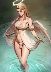 angel angel_wings bare_shoulders blonde_hair bottomless bracelet breasts cock_ring commentary dress english_commentary female flaccid front_slit futanari gold_hairband hairband halo highres jewelry long_hair medium_breasts navel nipples original parted_lips penis ripples see-through_clothes see-through_dress sex_toy small_penis smile solo stomach tarakanovich testicles wading water white_dress wings