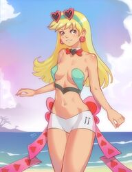 1girls beach blonde_hair blush breasts cute detailed_background earrings eyewear_on_head female female_only happy heart-shaped_sunglasses human leni_loud midriff outdoors outside sky smile solo solo_focus straight_hair sunglasses_on_head the_loud_house thighs water