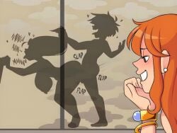 1boy 2girls a-gal a_gal1502 agal1502 age_difference behind blowjob blush breasts earrings fellatio female fucked_silly implied_penetration implied_sex large_breasts male milf monkey_d_luffy movement_lines nami_(one_piece) nico_robin one_piece orange_hair penis penis_silhouette post-timeskip sex shadow shadow_sex silhouette silhouette_sex silhouetted_body silhouetted_penis size_difference slap smile stealth_oral stealth_sex straw_hat talking