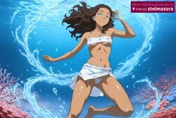 1girls ai_assisted ai_generated avatar_the_last_airbender bandeau barefoot bikini blue_eyes breasts brown_hair bubble cameltoe coral covered_nipples dark-skinned_female dark_skin female female_only freediving katara long_hair looking_at_viewer medium_breasts navel nickelodeon nicktoons nipples sarong see-through smile solo stelmazura strapless swimming swimsuit tube_top underwater water white_sarong