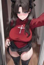 1girls ai_generated black_hair black_legwear black_skirt blue_eyes blush embarrassed embarrassed_female fate/grand_order fate_(series) female female_only flashing furrowed_eyebrows hair_ornament heavy_breathing huge_breasts lifting_shirt looking_away panties red_clothing selfie skirt thighhighs tohsaka_rin truck-kun_art truck_kun twintails wavy_mouth