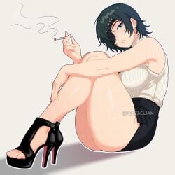 2d 2d_(artwork) adult adult_female anime big_breasts big_breasts black_hair black_hair_female breasts breasts celebelian chainsaw_man cigarette clothed clothed_female eyepatch female female_focus female_only heels himeno_(chainsaw_man) light-skinned_female light_skin looking_at_viewer manga mature mature_female mature_woman milf sitting smoking smoking_cigarette solo solo_female solo_focus thick_thighs thighs