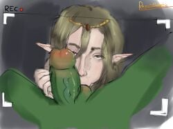 1boy 1girls ball_fondling ballsack between_legs blowjob blowjob_face dark_background digital_drawing_(artwork) digital_media_(artwork) elf elf_ears elf_female elf_girl filming filming_sex gem goblin goblin_male green_penis green_skin headwear ibispaintx jewelry long_ears milf monster_boy pale-skinned_female recording recording_on_phone recording_video repaintheretic simple_background sketch submissive sucking sucking_balls white_skin