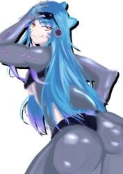 1girls abs athletic athletic_female blue_hair clothed female hands_behind_head koo0510 mako_(monster_girl_island) mermaid mershark monster_girl monster_girl_island muscular muscular_female orange_eyes pokies shark_girl shark_humanoid toned toned_abs toned_female