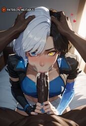 1boy :>= ai_generated black_gloves black_hair blue_eyes blue_nails blush breasts clothed_female_nude_male cum cum_in_mouth cum_in_nose cum_on_penis dark-skinned_male dark_penis dark_skin earrings elbow_gloves erection fellatio female fingerless_gloves gloves head_grab heart heterochromia huge_cock interracial jacket jewelry large_breasts large_penis looking_at_viewer luna_snow luna_snow_(marvel_rivals) male marvel marvel_comics marvel_rivals meitabuu multicolored_hair nude oral patreon_logo patreon_username penis pov pov_crotch short_hair shorts solo_focus split-color_hair straight two-tone_hair uncensored veins veiny_penis very_dark_skin white_choker white_hair yellow_eyes