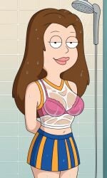 ai_generated american_dad ass bigmic145 bra bra_visible_through_clothes breasts brown_hair cheerleader crop_top female lisa_silver long_hair navel see-through see-through_clothes see-through_clothing skirt solo solo_female tease teasing wet wet_body wet_clothes wet_clothing wet_skin