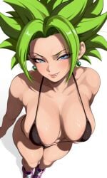 1girls ai_generated big_breasts big_hips black_bikini blue_eyes dragon_ball_super femdom green_hair half-closed_eyes kefla lip_bite looking_at_viewer mature_female micro_bikini mommy_kink niamy pink_shoes seductive_look skinny smug_smile taller_girl thick_thighs wide_hips