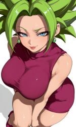 1girls ai_generated big_breasts big_hips blue_eyes dragon_ball_super female femdom green_hair half-closed_eyes kefla looking_at_viewer mature_female niamy pink_dress seductive_look sexy_pose skinny smug_smile taller_girl thick_thighs wide_hips