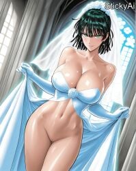 ai_generated anime_coloring beach blunt_bangs church female fubuki_(one-punch_man) green_eyes green_hair indoors large_breasts manga_style official_style one-punch_man short_hair stickyai wedding wedding_dress