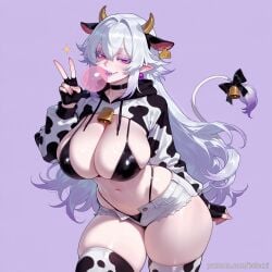 ai_generated animal_ears animal_print balecxi bell black_bikini black_bow black_choker black_gloves boosette breasts cow_ears cow_girl cow_horns cow_print cow_tail cowbell female fingerless_gloves highleg highleg_bikini hood hood_down hoodie long_hair looking_at_viewer mario_(series) navel nintendo open_fly pointy_ears purple_background short_shorts simple_background skindentation smile solo stomach swimsuit thick_thighs thighhighs v white_hair white_shorts