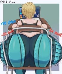 ass ass_expansion ass_focus back_view balatro chair character_request female female_only flare_pants forbidden_pants huge_ass huge_breasts massive_ass massive_breasts padmaia playing_videogame solo tattoo