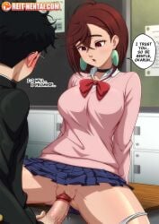 1boy ayase_momo brown_eyes brown_hair clothed clothed_sex dandadan dialogue english_dialogue english_text faceless_male female ken_takakura looking_down male momo_ayase okarun open_legs panties panties_around_one_leg penis penis_in_pussy reit school school_uniform schoolgirl_uniform sex short_hair skirt_up speech_bubble tagme takakura_ken_(okarun) unseen_male_face vagina vaginal_insertion vaginal_penetration vaginal_sex watermark