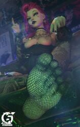 3d black_lipstick black_makeup breasts breasts_out cigarette earrings feet female female_only femdom fishnet_legwear fishnets foot_fetish league_of_legends light-skinned_female light_skin lipstick looking_at_viewer makeup multicolored_eyes otaviox6 pierced_ears pierced_nipples pierced_nose piercing pink_hair riot_games seraphine_(league_of_legends) sitting smoking spiked_collar tattoo