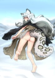 2019 5_fingers 5_toes animal_humanoid arknights ass barefoot bottomless braided_hair clothed clothing felid felid_humanoid female fingers fur grey_body grey_fur grey_hair hair hi_res humanoid long_hair mammal mammal_humanoid open_mouth outside pantherine pantherine_humanoid pramanix_(arknights) pussy running snow snow_leopard_humanoid solo toes video_games yamauchi_(conan-comy)