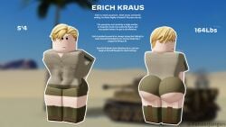 1boy 2025 3d angry arms_crossed ass big_ass big_butt blonde_hair boots bubble_ass bubble_butt butt character_sheet clothed crossed_arms curvy cute desert english_text erich_kraus femboy frown fully_clothed hands_behind_back huge_ass huge_butt knee_boots male male_only military military_uniform outside panzerjungen pout reference_sheet roblox robloxian shorts solo standing text thick thick_ass thick_thighs twitter_username voluptuous