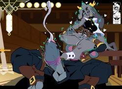 2025 anthro asphyxiation balls barely_contained belt blue_eyes blush blush_lines bodily_fluids bovid caprine character_outline choking clothed clothing cum_in_air cutie_mark feet female foot_fetish foot_on_penis foot_play furniture gameplay_mechanics genitals goat hasbro heart_symbol hi_res hooves horn inside kingsus lagomorph legs_on_head leporid looking_at_genitalia looking_at_penis looking_pleasured magic male male/female mammal melee_weapon my_little_pony outline penis playing_with_penis pseudoregalia rabbit signature sitting smile sword sybil_(pseudoregalia) table tail user_interface weapon