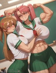 1girl 2025 :o abs ai_generated big_breasts blush breast_grab breasts brown_eyes brown_hair female flexing floating_heart futanari glasses grabbing_another's_breast hand_on_breast high_resolution highres highschool_of_the_dead huge_breasts indoors long_hair looking_at_another megane muscular navel pink_hair rei_miyamoto saya_takagi school_uniform self_upload serafuku shadyfox skirt smile stable_diffusion teeth toned twintails