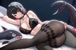 1girls ai_generated black_bra black_hair black_pantyhose bra choker covered_pussy ellen_joe female fish half_naked in_bed large_breasts no_panties on_bed pantyhose pussy red_hair red_nails shark_tail short_hair solo thick_thighs thighs toy zenless_zone_zero