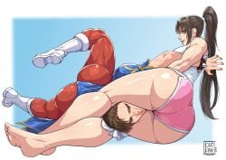 2girls alternate_costume ass barefoot big_ass capcom chun-li cirenk dolphin_shorts female fully_clothed head_between_thighs king_of_fighters mai_shiranui pantyhose shirt shorts snk street_fighter wrestling