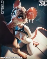 ai_generated anthro athletic_female baised bare_chest big_ears blowjob blue_eyes covered_in_cum cum_in_hair cum_on_breasts cum_on_face exposed_breasts female female gym hands_behind_back human_on_anthro kneeling looking_at_partner looking_up mouse mouse_girl perky_breasts rat rat_girl shirt_up short small sports_bra tail teenah_(oc) white_fur