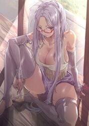 artist_request ayase_seiko bare_shoulders breasts cigarette cleavage closed_mouth collarbone dandadan dolphin_shorts elbow_gloves female full_body glasses gloves grey_gloves grey_thighhighs hair_down haramaki highres holding holding_cigarette kirin_13 large_breasts long_hair looking_at_viewer parted_bangs purple_shorts red-framed_eyewear semi-rimless_eyewear shirt shorts sitting sleeveless sleeveless_shirt solo spread_legs stirrup_legwear t-shirt thighhighs thighs toeless_legwear toes under-rim_eyewear very_long_hair white_hair white_shirt