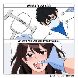1boy 1girls 2koma artist_self-insert blush brown_hair dentist drooling duo english_text female_pov finger_in_another's_mouth finger_in_mouth funny glasses gloves long_hair male_pov mask ok_bah_comics pov rubber_gloves spread_mouth surgical_mask text what_you_see_vs_what_she_sees