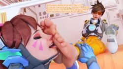 2girls 3d 3d_(artwork) activision belowfeet blizzard_entertainment d.va d.va_(overwatch_2_suit) deviantart english_text female female_focus female_only femdom femsub foot_fetish hana_song lena_oxton licking licking_foot light-skinned_female light_skin overwatch overwatch_2 png smelly_feet text tracer tracer_(overwatch_2_suit) yuri