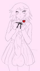 big_balls big_cock clothed clothed_male cute cute_male danganronpa erection erection_under_clothes erection_under_skirt femboy finger_heart fujisaki_chihiro heart huge_cock hung_femboy hung_trap hyper_cock hyper_cock_femboy inviting_to_sex kissmarze large_penis line_art male pink_background pov raised_skirt skirt small_but_hung veiny_penis