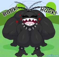 1girls ass ass_bigger_than_head barking big_ass big_breasts black_body black_skin butt butt_crack chain chain_chomp closed_eyes doggy_style eyelashes female gigantic_ass happy heart_symbol huge_ass huge_thighs mario_(series) muscular_thighs nintendo open_mouth plastic_pyramid sharp_teeth smile solo_female spiked_collar tail_wiggle thighs wide_smile