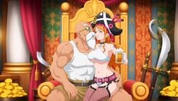 beer big_breasts dragon_ball dragon_ball_super dragon_ball_z gold hand_on_ass hand_on_butt jabbaman58 master_roshi nami_(one_piece) older_male one_piece orange_hair sitting_on_person