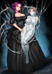 black_eyes brown_hair cleavage cocoon elf_ears female female_only gag hadant haryudanto multiple_girls original purple_hair red_eyes spider_girl spider_web web web_bondage web_gag webbed
